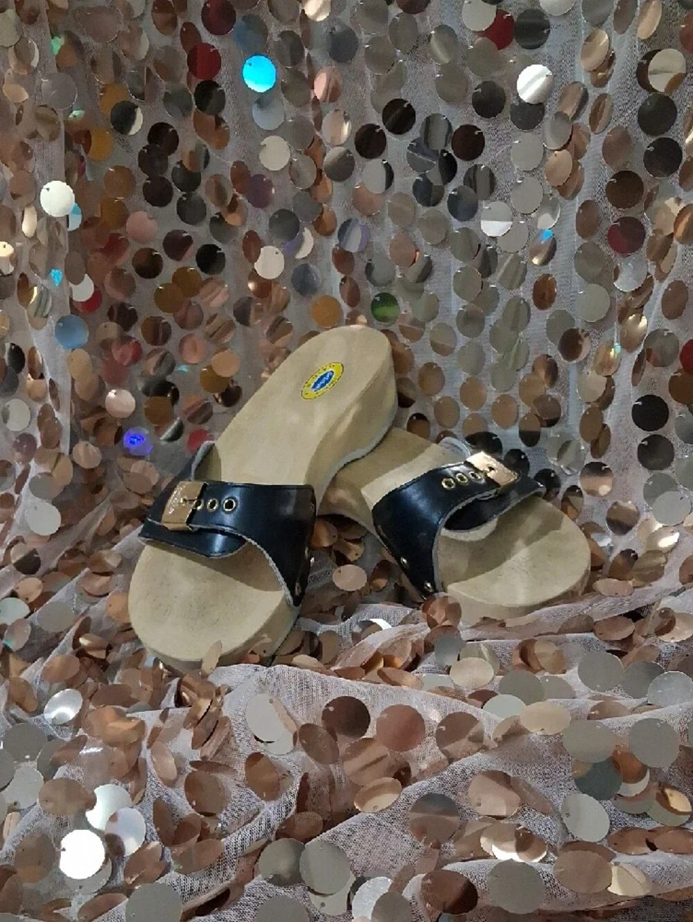 Dr. Scholl's Vintage Navy Classic Mules with Functional Gold Buckle Enclosure - Picture 3 of 10